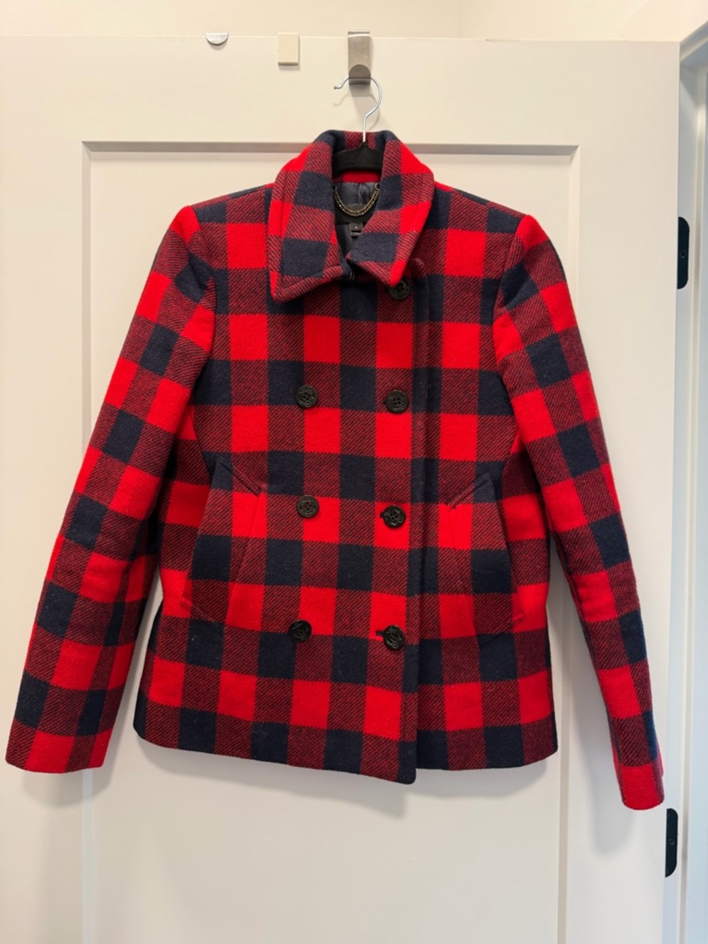 J. Crew Red and Navy Buffalo Check Plaid Pea Coat Size 4 - Picture 2 of 5